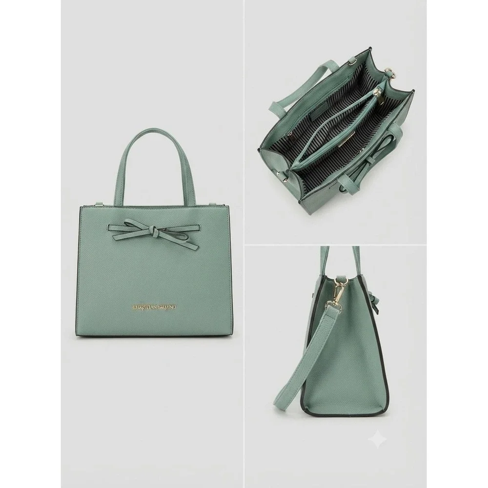 Christian Siriano Sage Green Pebble Leather Bow Satchel Crossbody Bag Womens